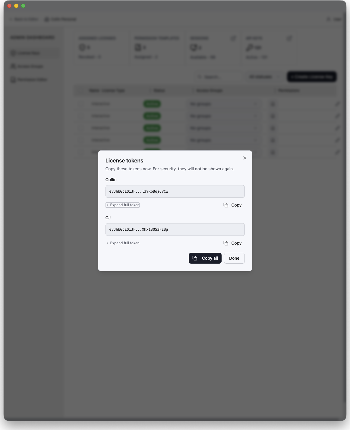 The one-time license token dialog after creating a key