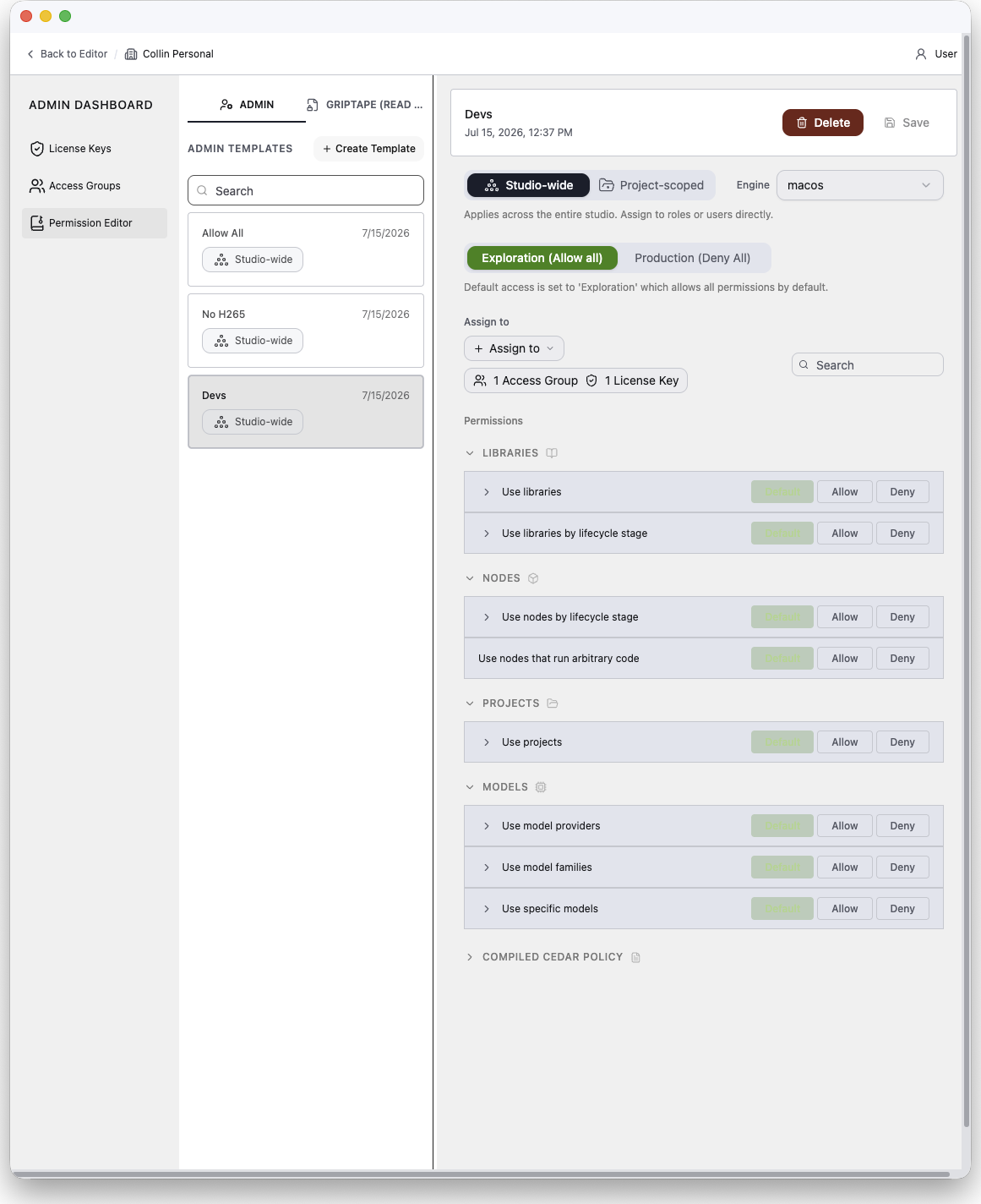 The Permission Editor with the template list and a template's detail panel