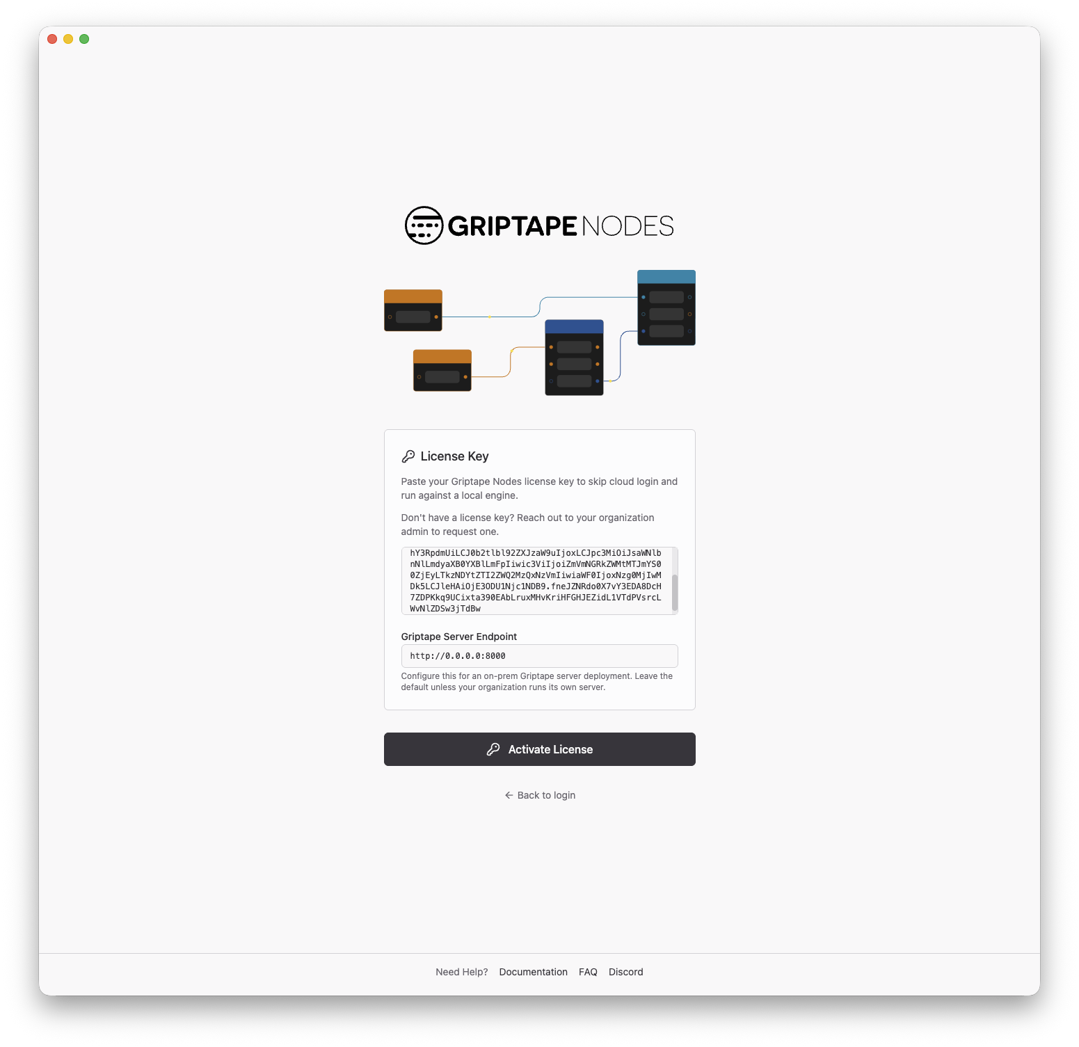The license form with a license key pasted and the server endpoint pointed at an on-prem Admin Server