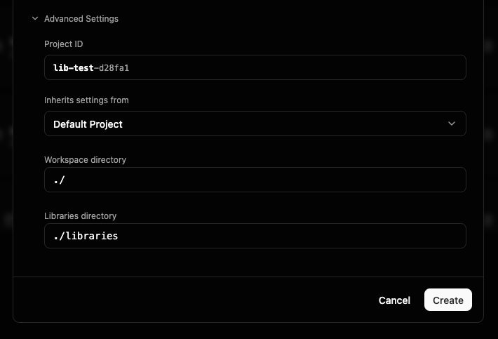 Advanced Settings expanded, showing the Project ID, Inherits-settings-from, and Workspace directory fields