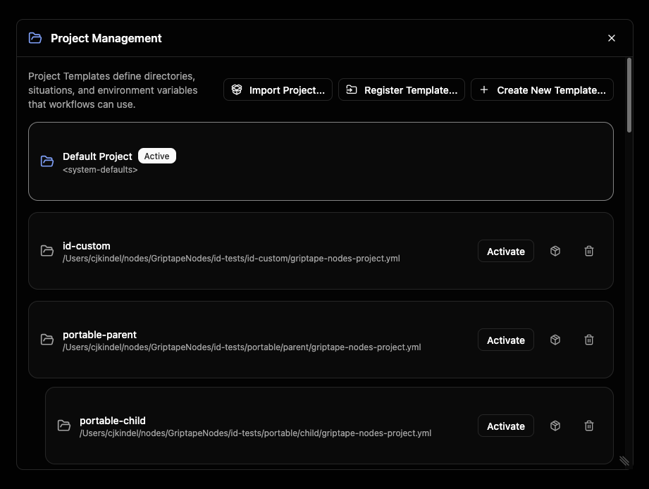 The Project Management window showing the project list with an active project and a nested child