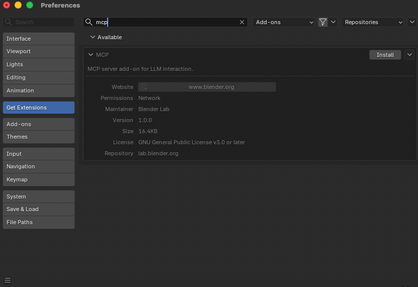 Blender MCP Extension in Get Extensions