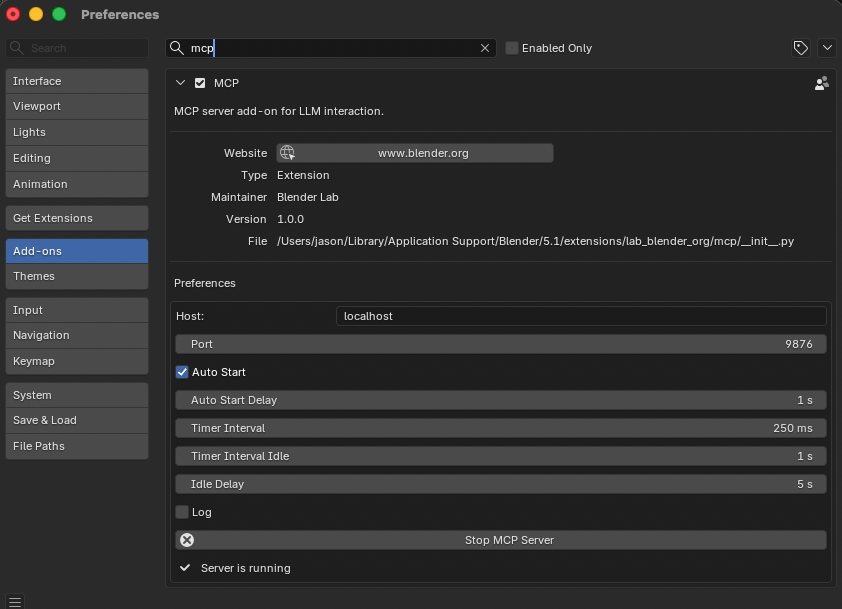 Blender MCP Server running